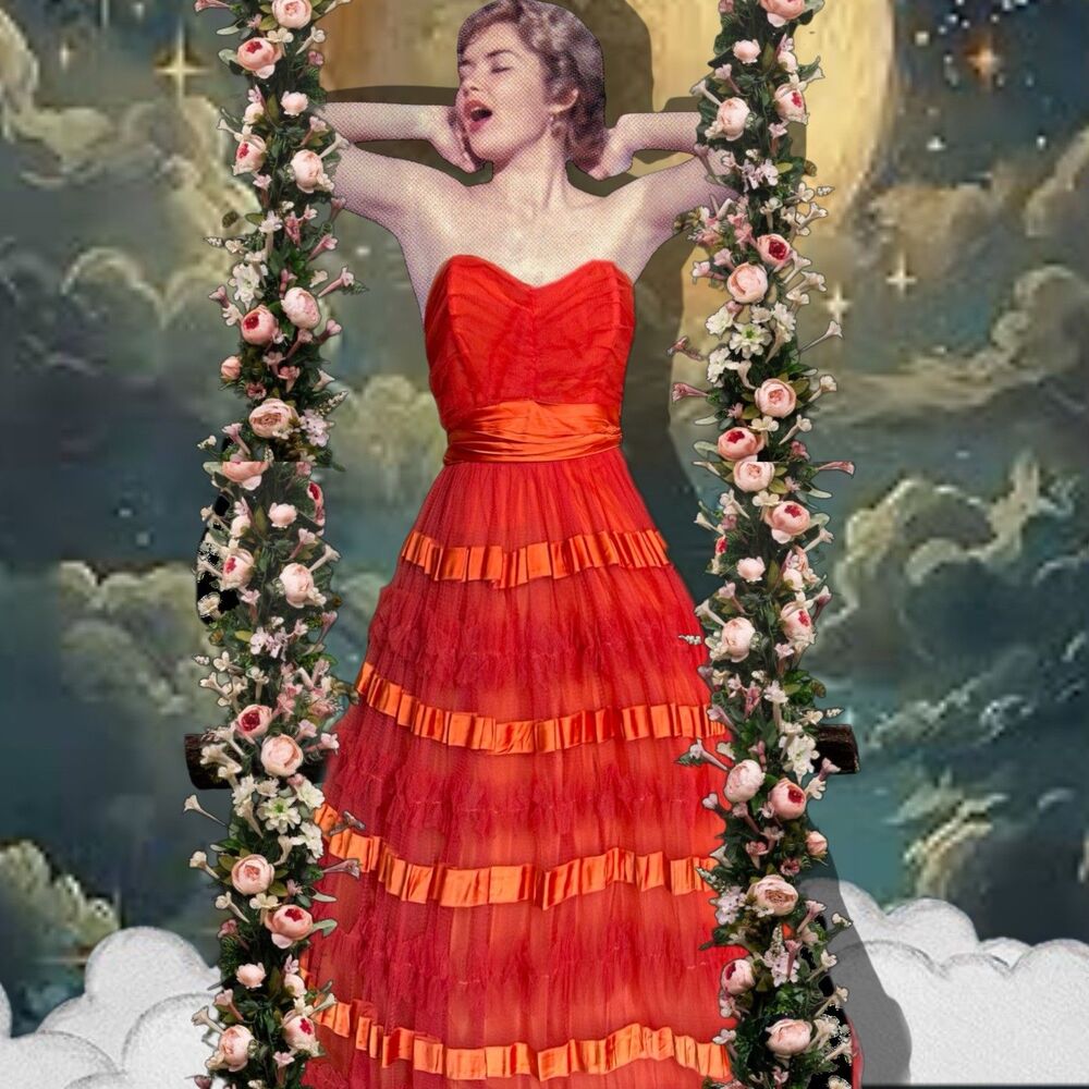 1950s Cupcake Prom Dress Ruffle Strapless Ribbon Belt Sz S Orange Vintage Sony